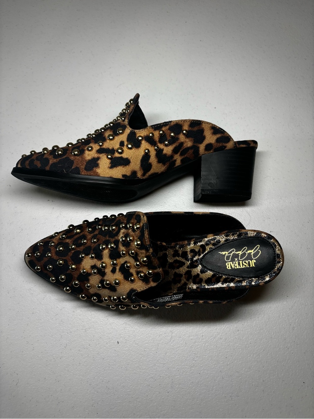 JustFab Leopard-Print Studded Mule Loafers in Brown and Black